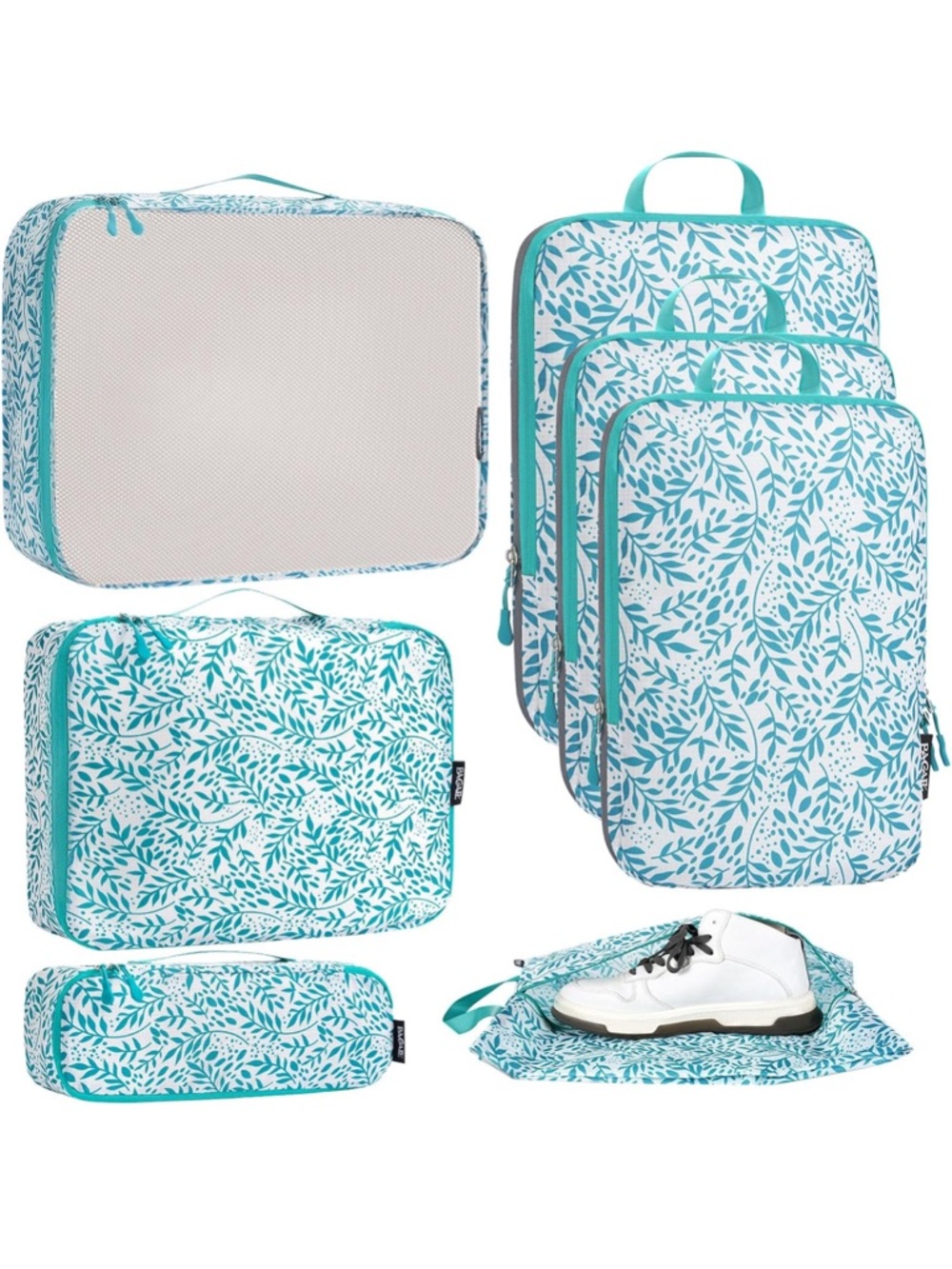 Leaf-Print Packing Cube Set - Turquoise Travel Organizers